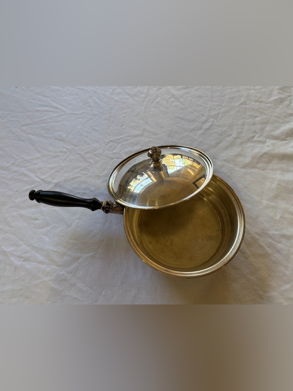 VTG Silver Plated Pan and Ornate Lid, with Black Wood Handle